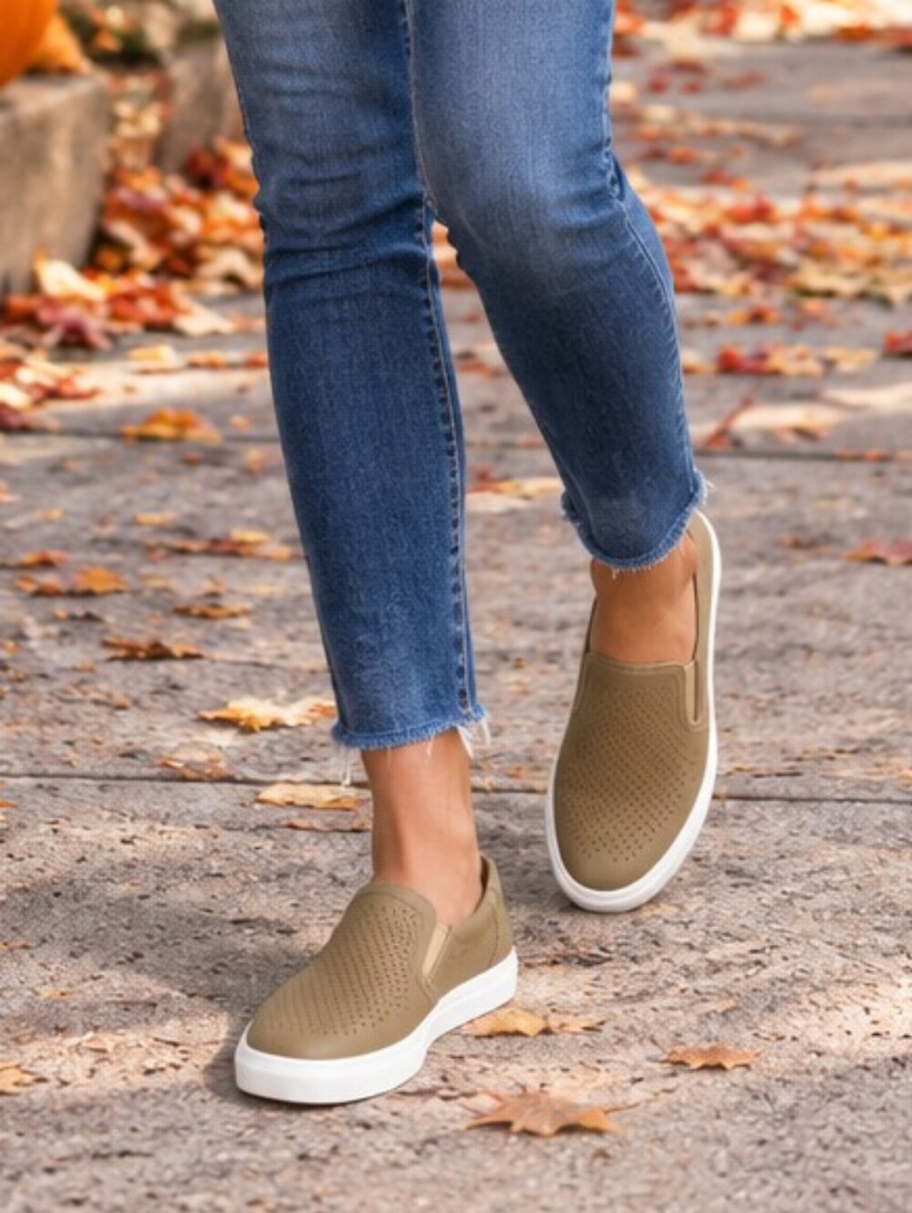 Journee Collection Perforated Slip-On Loafers in Tan with White Sole